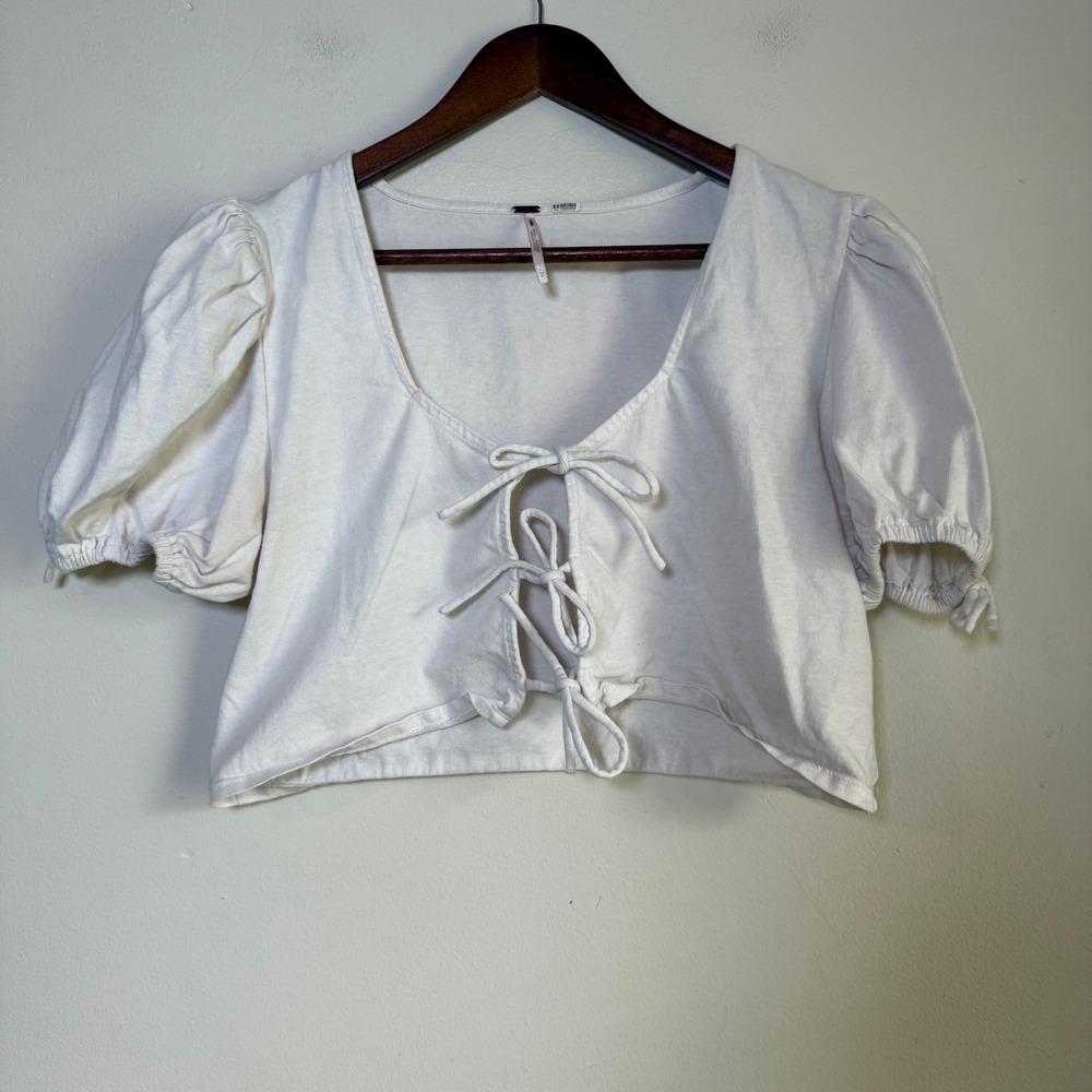 Free People Tie Front Puff Sleeve Boho Crop Top Size Small Ivory